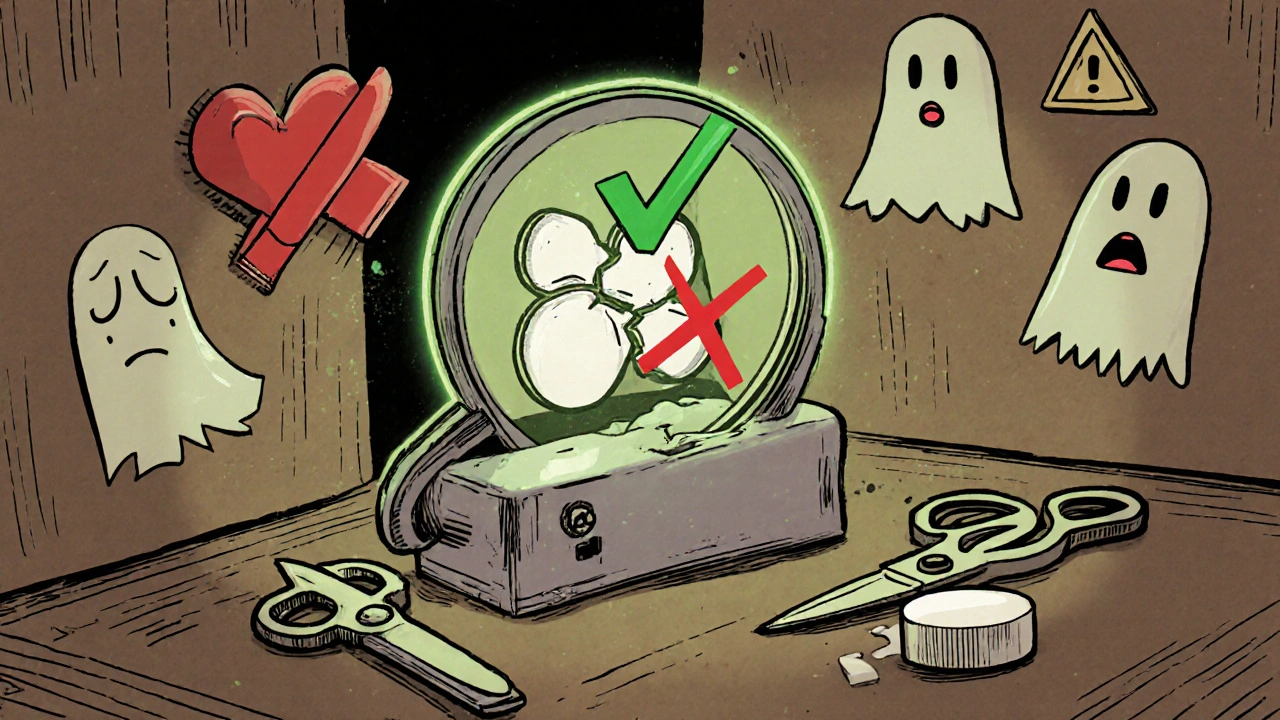 A pill splitter cleanly cutting a tablet, with unsafe tools discarded and warning icons nearby.
