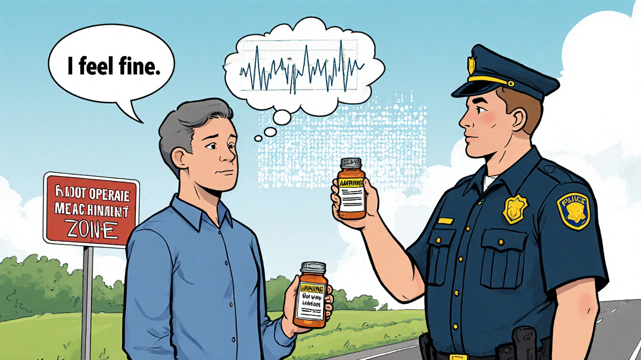 A police officer testing a patient&#039;s coordination while a prescription bottle and shrinking pupils are shown in comic style.