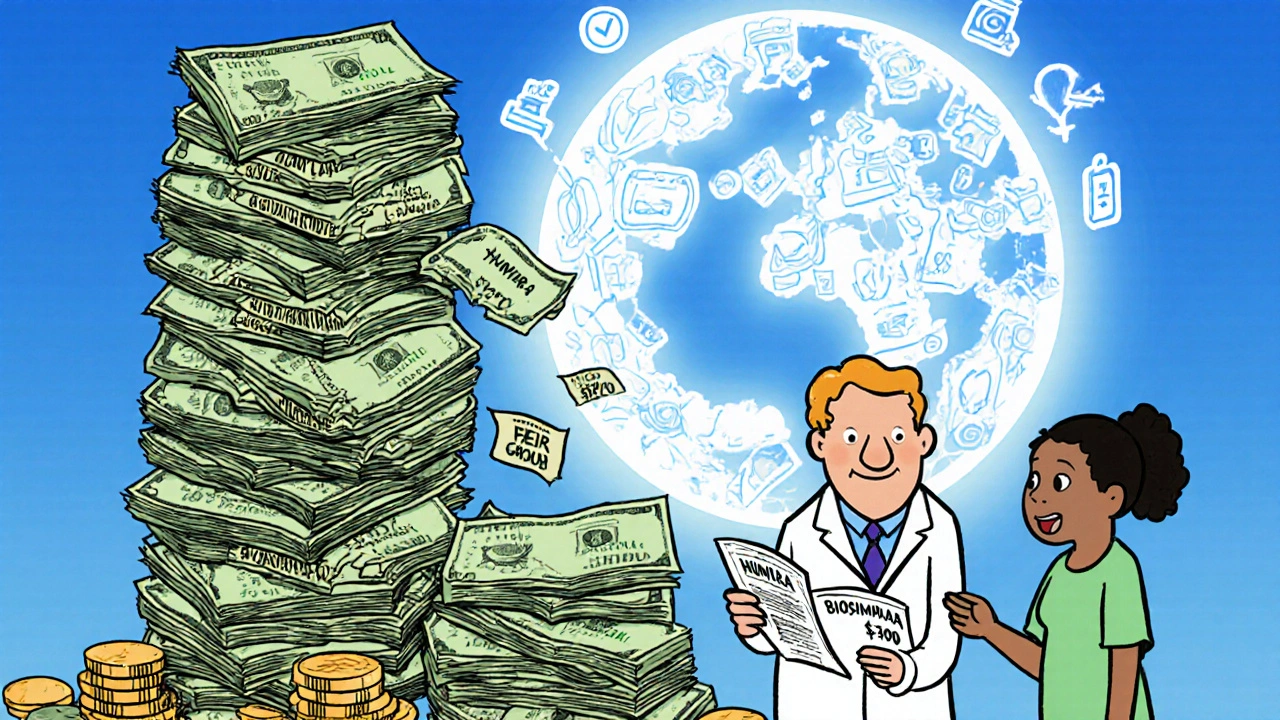 A stack of expensive drug bills crumbling into a smaller biosimilar stack, with coins funding patient care and a globe showing global development.