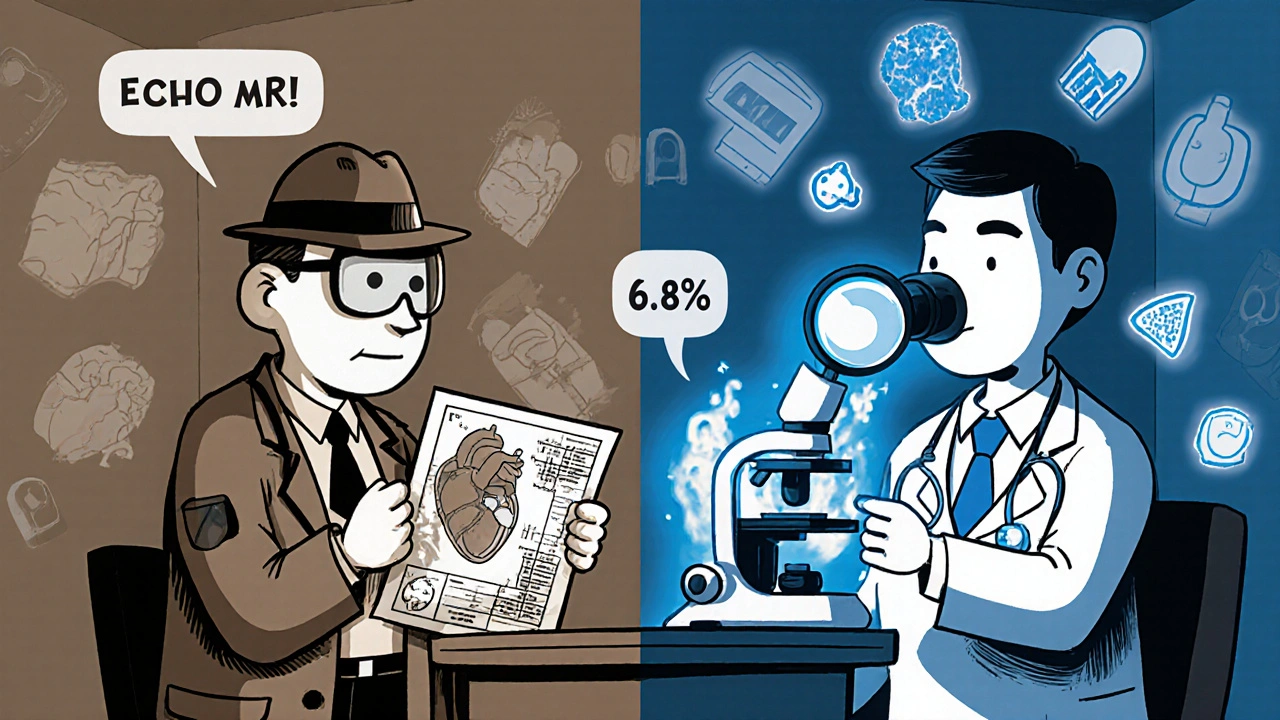 An anthropomorphic debate between echocardiography and cardiac MRI, with data and medical icons highlighting accuracy differences.