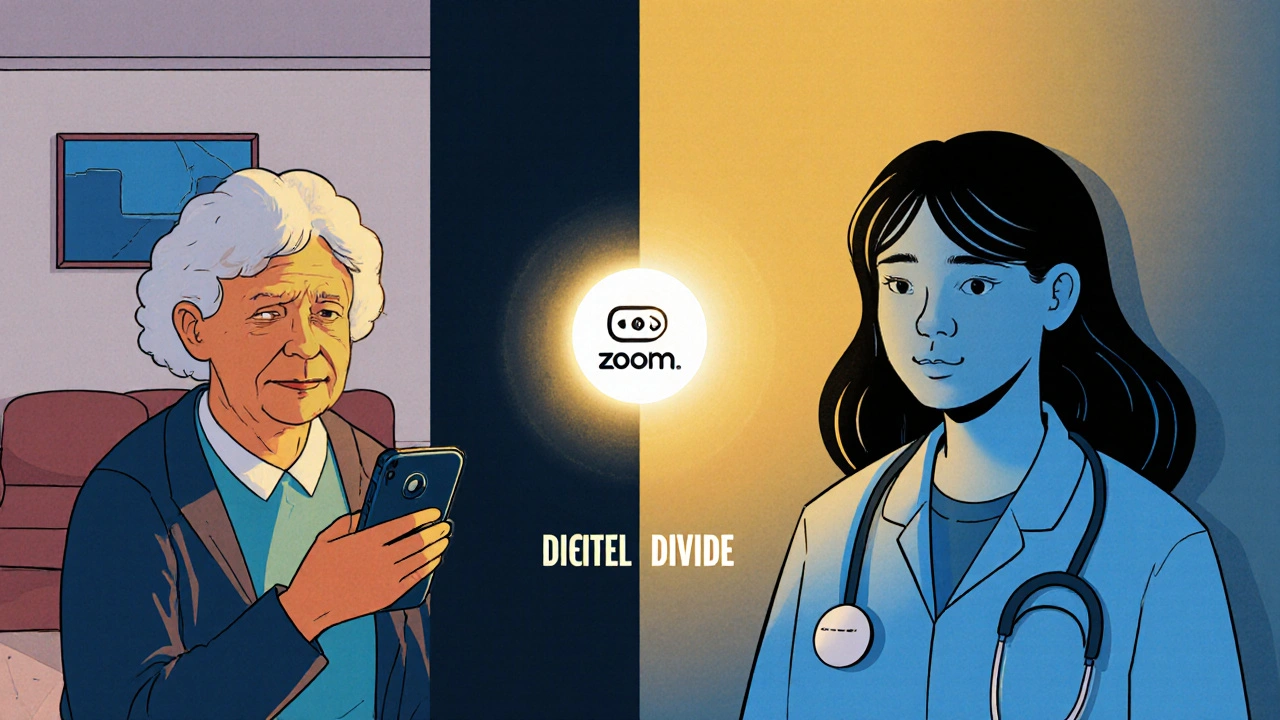 An elderly woman stares at a blank Zoom screen while a clinician video-prescribes medication, separated by a wall labeled &#039;Digital Divide&#039;.