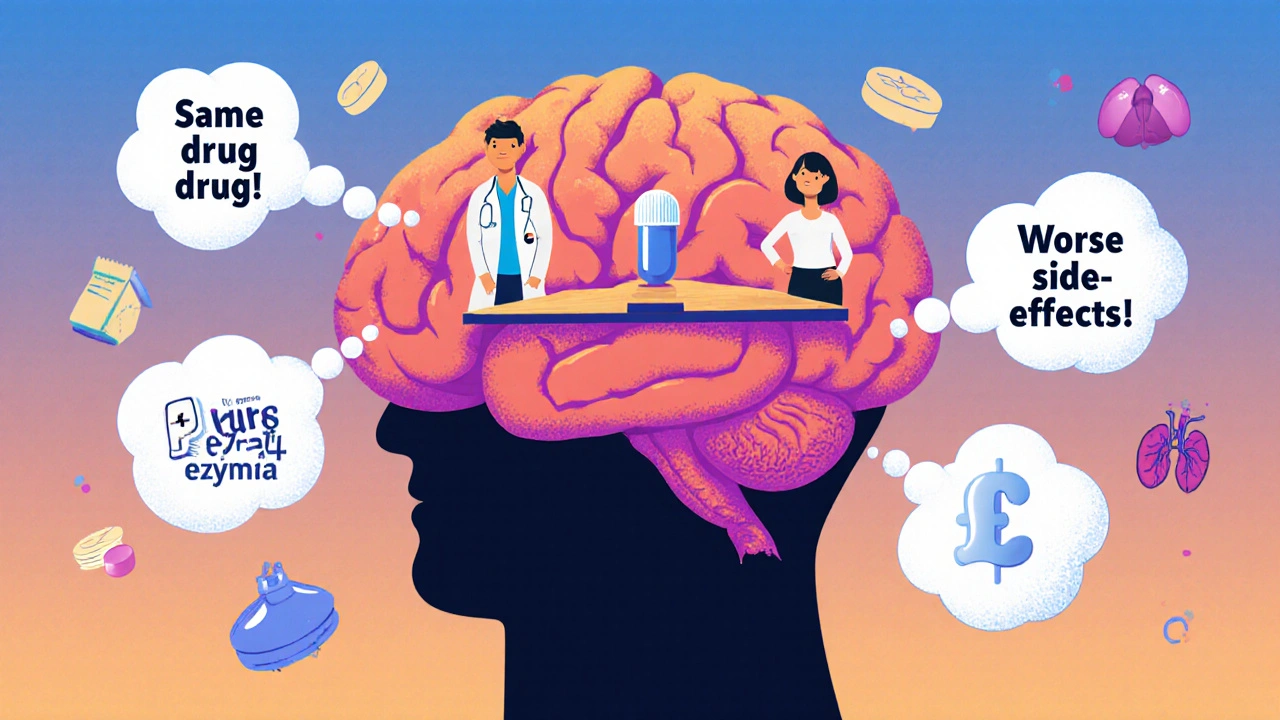 Brain with conflicting thoughts about generic drugs, surrounded by medical symbols and pill comparison scale.