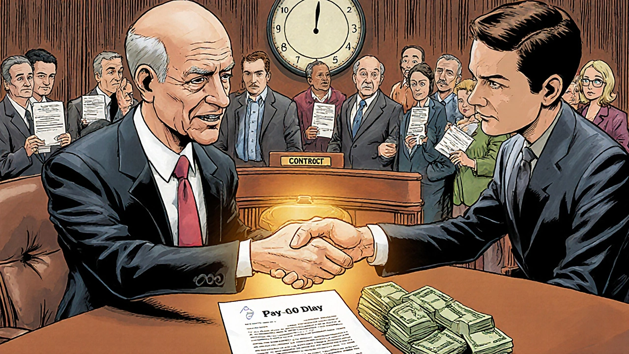 Brand and generic CEOs shaking hands over a &#039;Pay-for-Delay&#039; contract while patients wait outside.