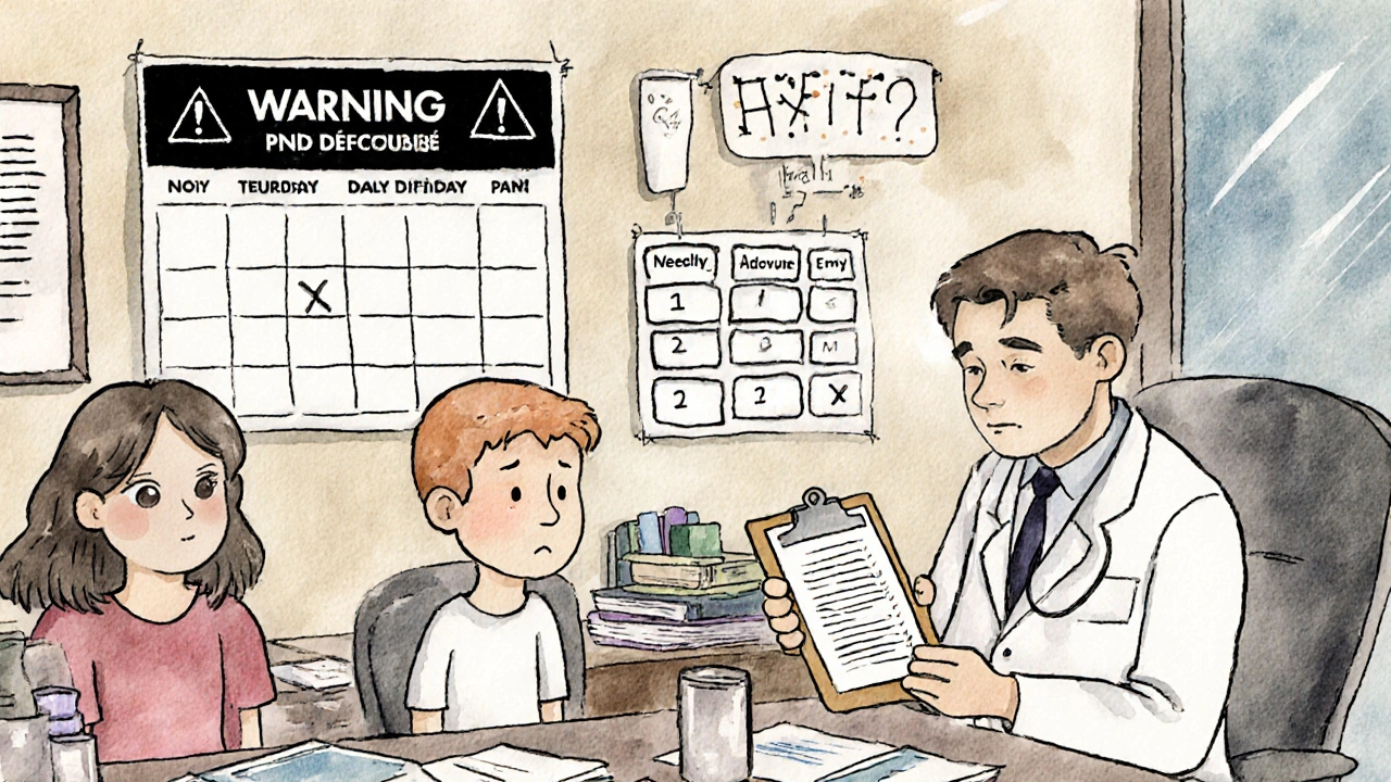 Child psychiatrist explaining FDA warning to concerned parents in office.