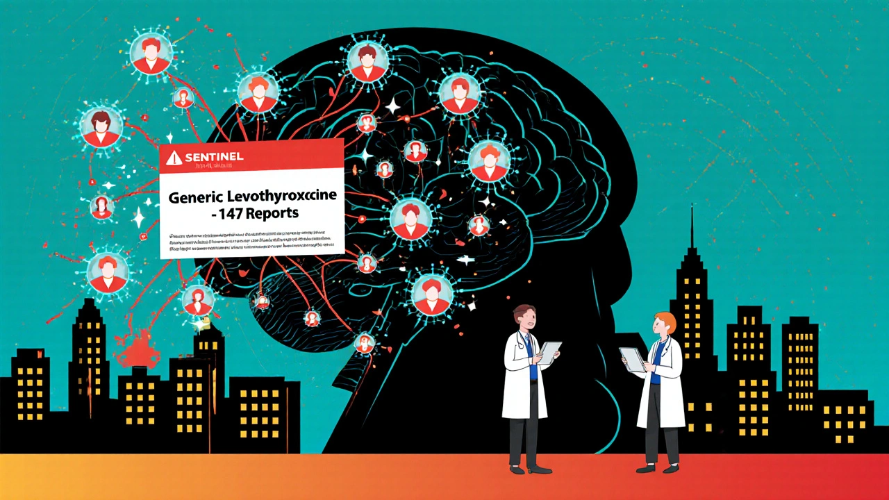 Digital system scanning health data, with red alerts flashing over generic drug reports.