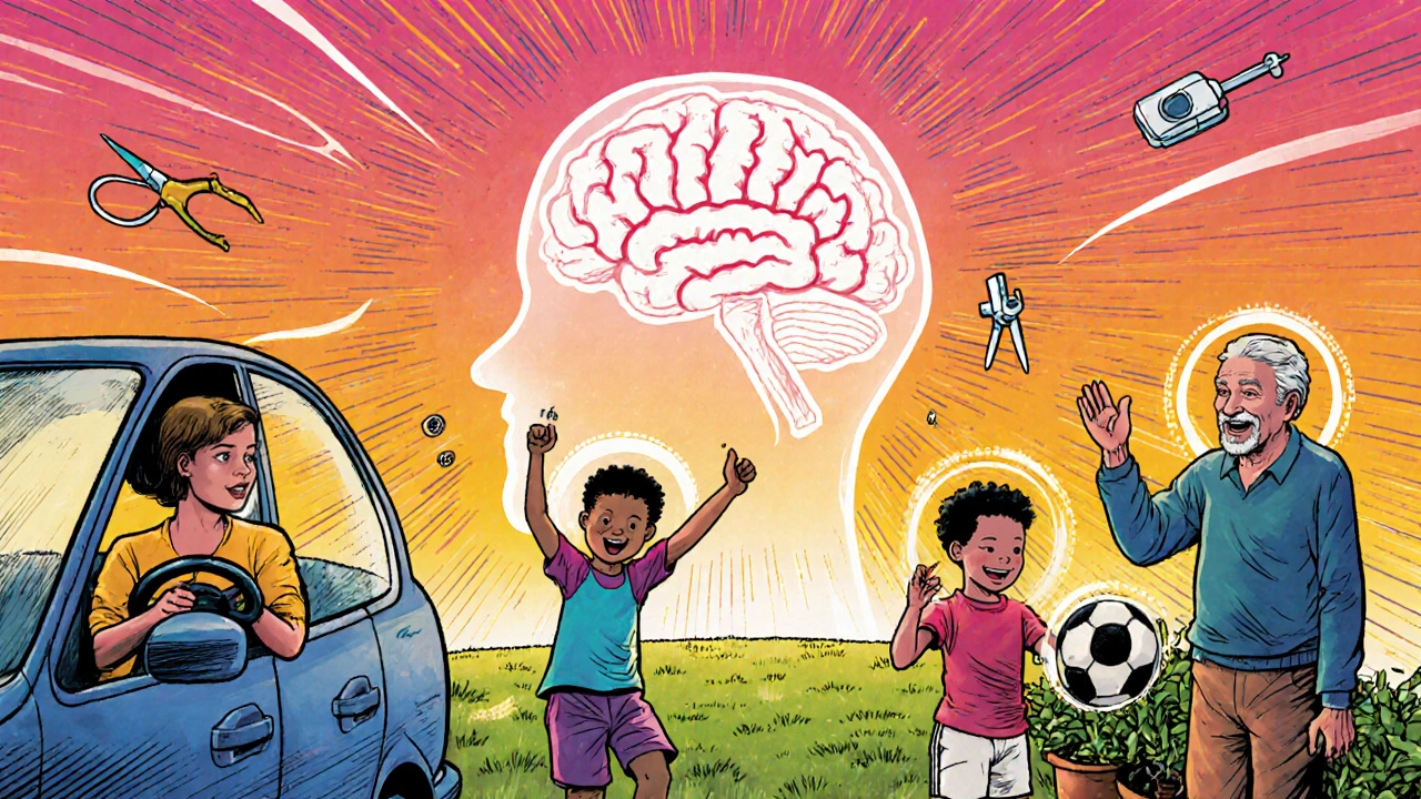 Diverse group celebrating life after epilepsy surgery with glowing halos of freedom.