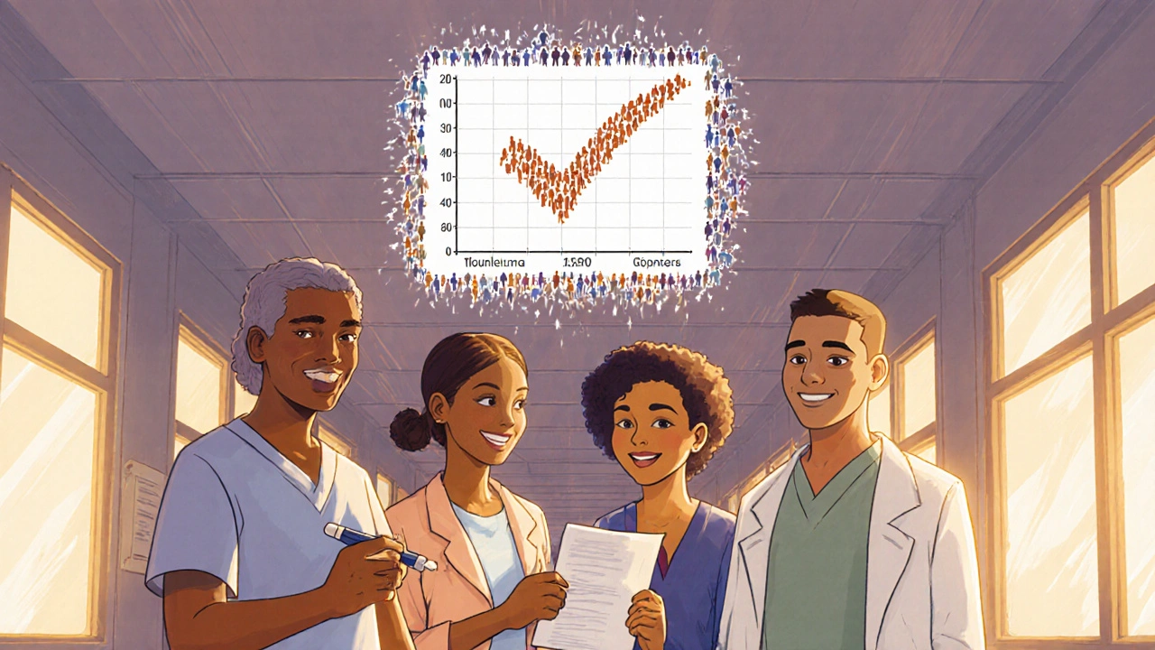 Diverse patients with identical health charts, surrounded by 500,000 tiny silhouettes, symbolizing proven effectiveness of biosimilars.