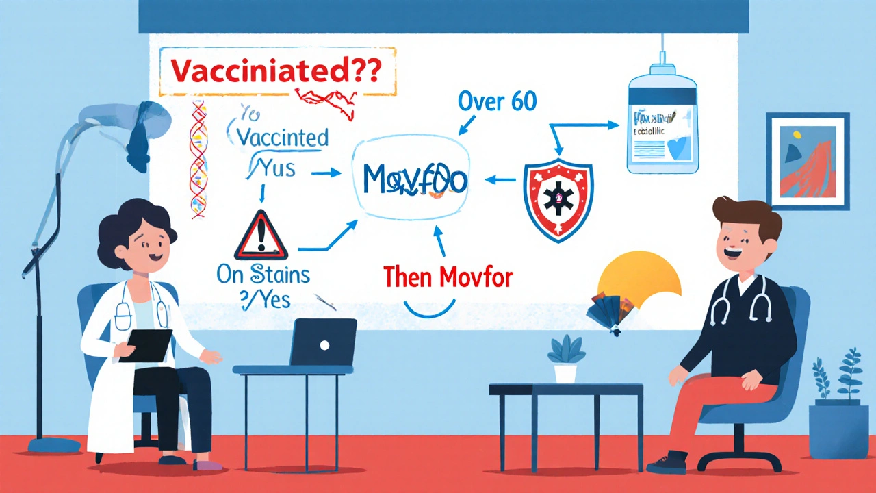 Doctor explaining antiviral choice using a flowchart, emphasizing timing and patient factors.