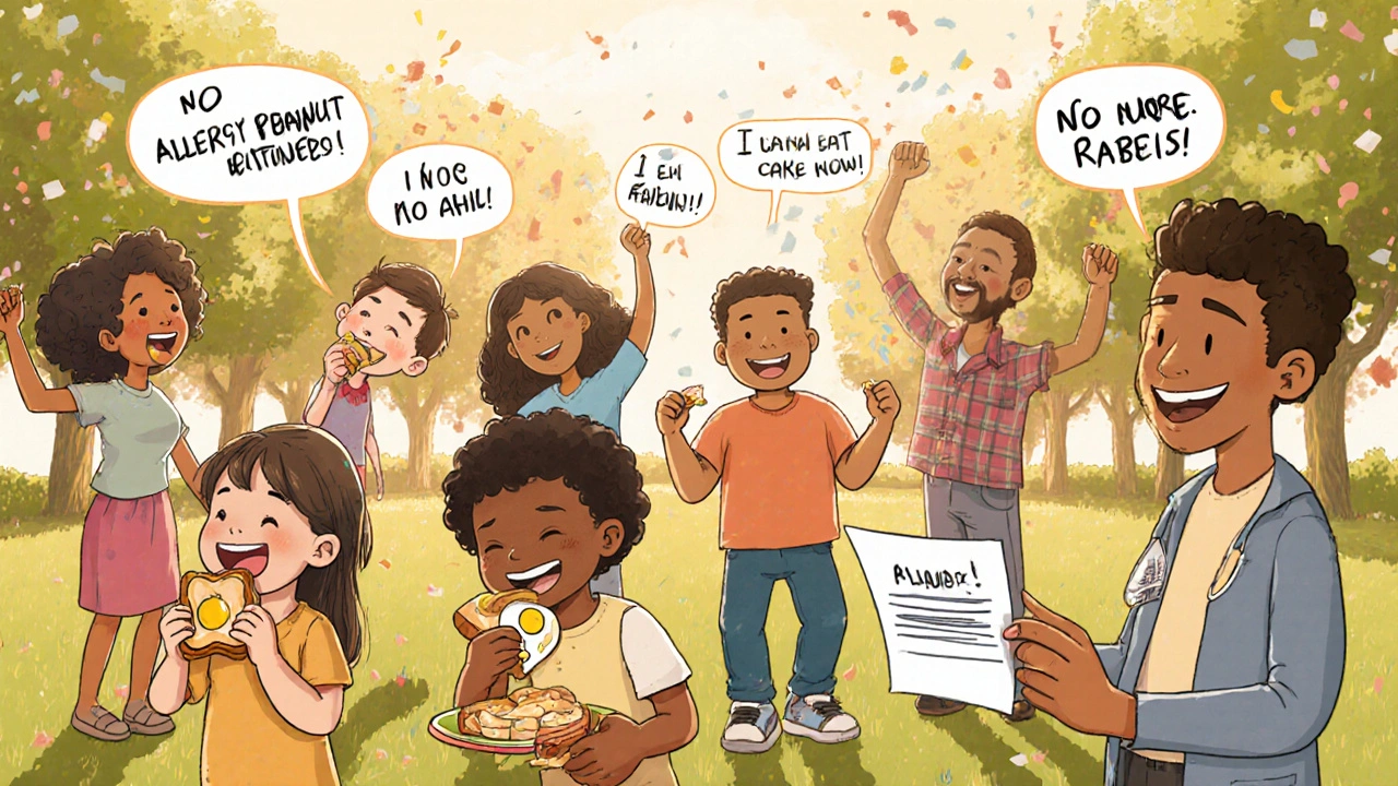 Families enjoying food they once avoided, celebrating freedom from food allergies in a sunny park.