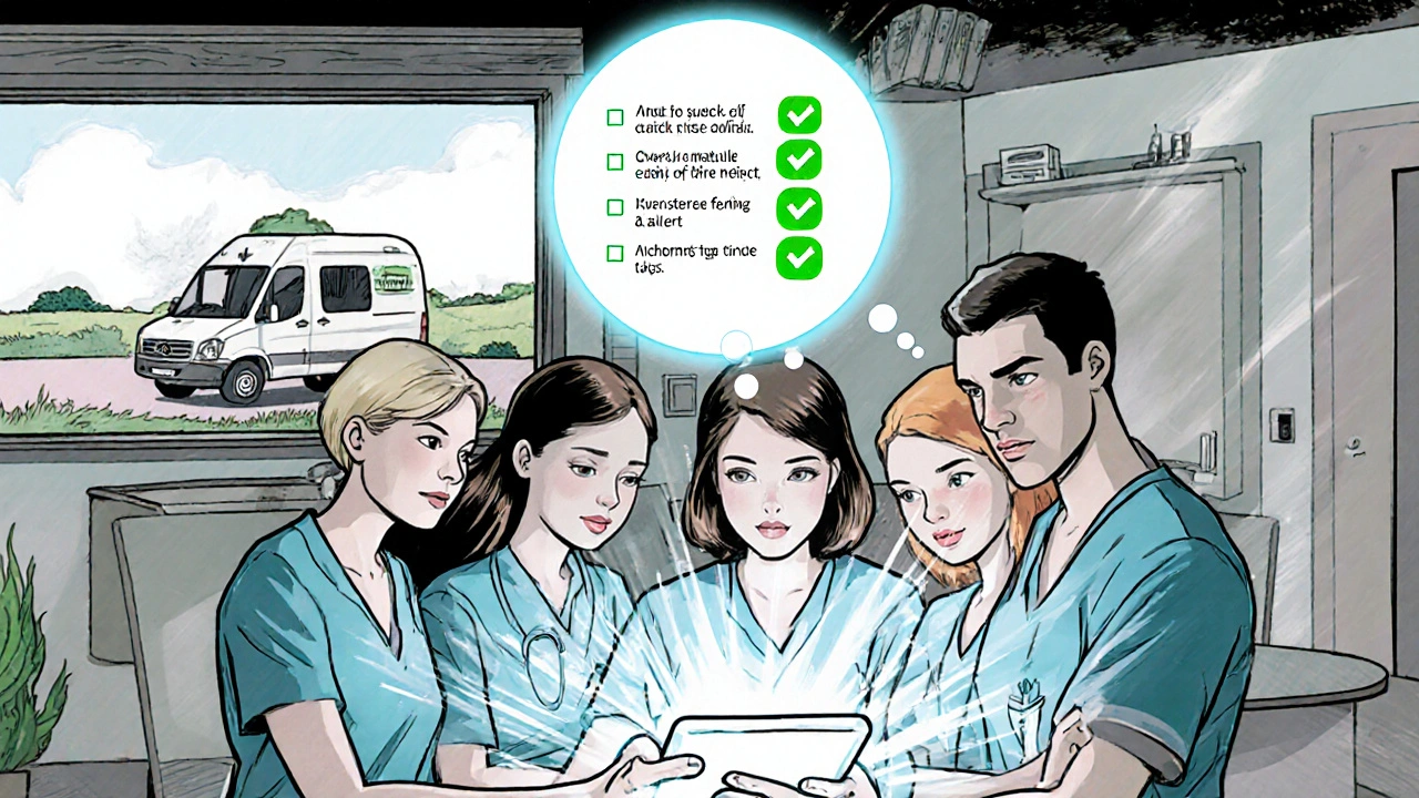 Healthcare team reviewing EHR tablet with AI suggesting generic alternatives, rural telepharmacy van visible outside.