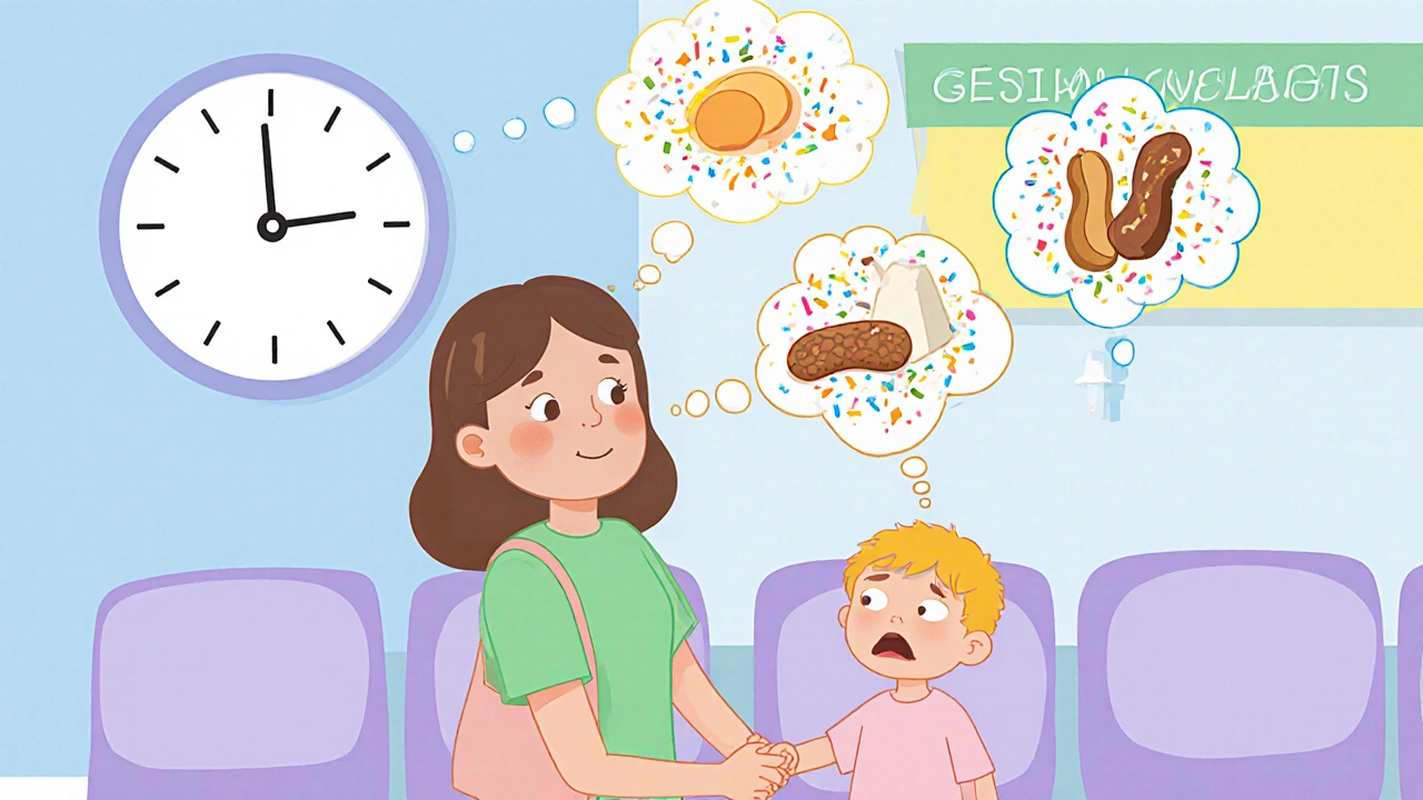 Mother and child waiting in a clinic, thought bubbles showing feared foods breaking apart as hope rises.