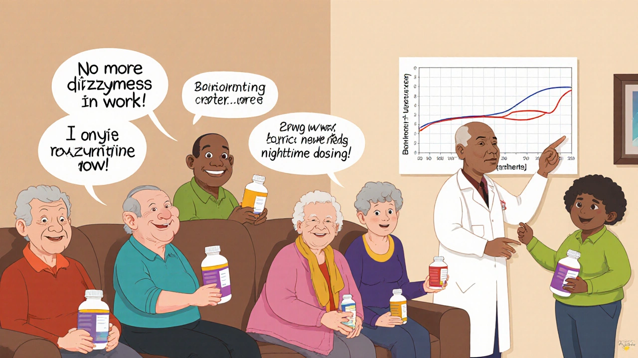 Older adults sharing positive experiences about switching blood pressure medication to bedtime.