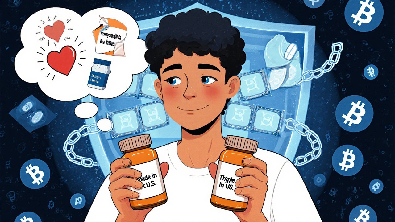 Patient holding two generic pill bottles with different manufacturers, showing side effect symptoms in thought bubble.