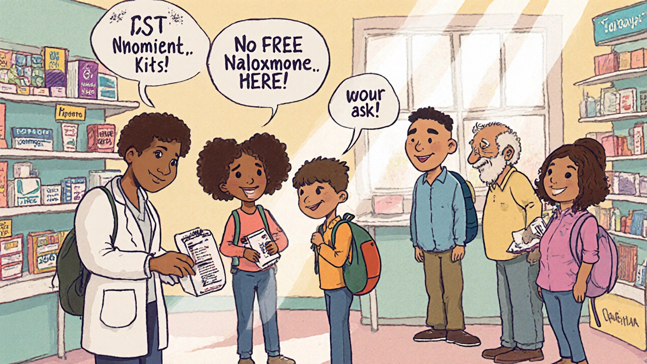 People receive free naloxone kits from a pharmacist at a community pharmacy, smiling and storing them safely.