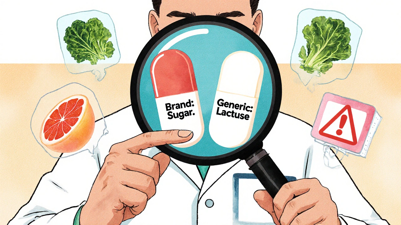 Pharmacist explaining pill ingredients using a magnified cross-section, with food interaction icons nearby.