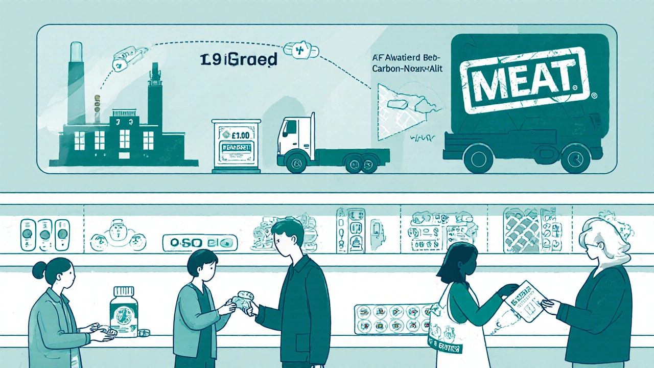 Pharmacy shelf in Berlin shows affordable generic pills with transparent supply chain journey above, while a rejected low bid is stamped down.