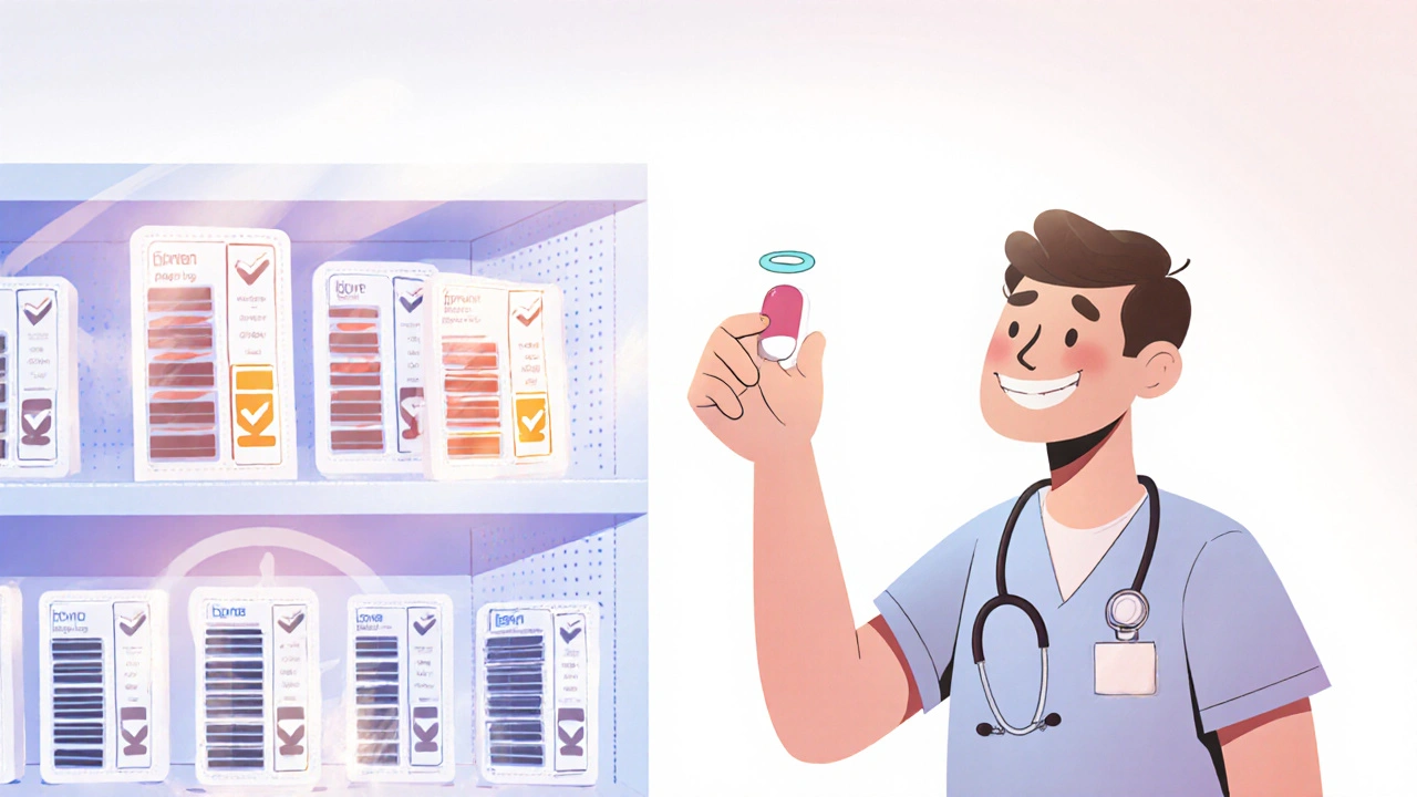 Pharmacy shelf with drug packages displaying animated batch consistency scores, patient picks up a pill with a checkmark halo.