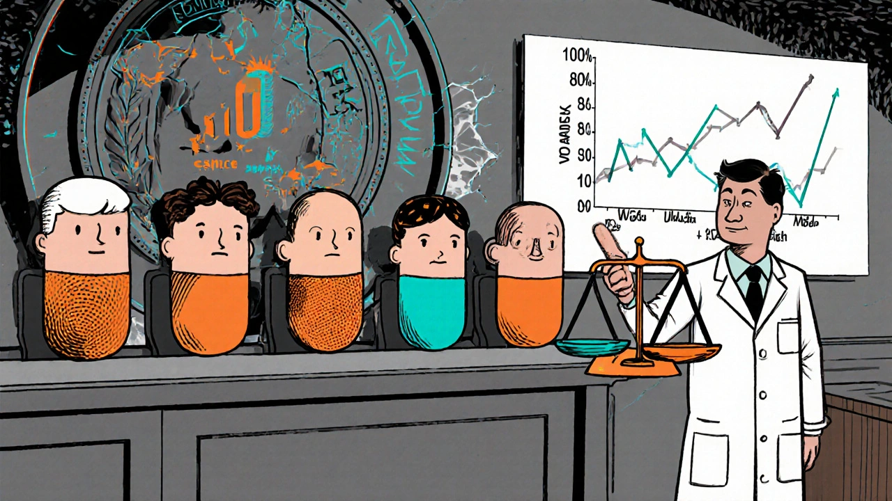 Six pill batches on trial under a lab-coat judge, a graph shows wild variability spikes with a cracking FDA seal.