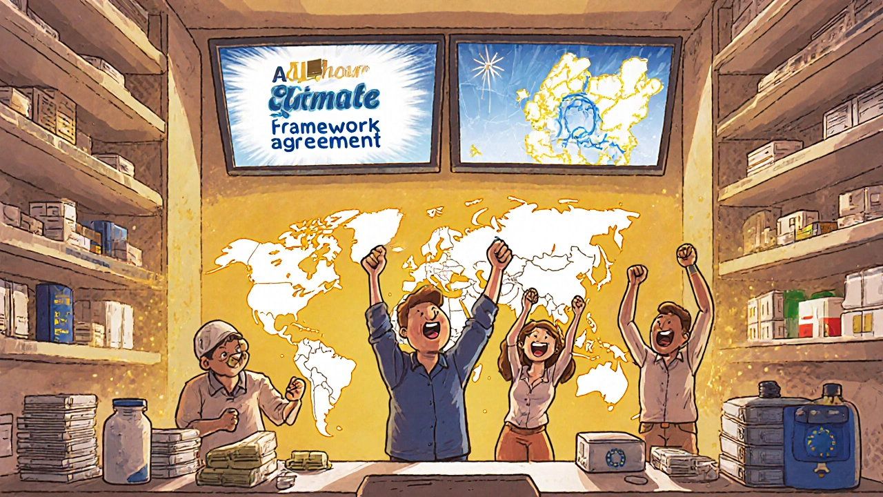 Small family lab in Portugal celebrates winning a framework agreement for generic medicines with digital delivery and solar energy icons.