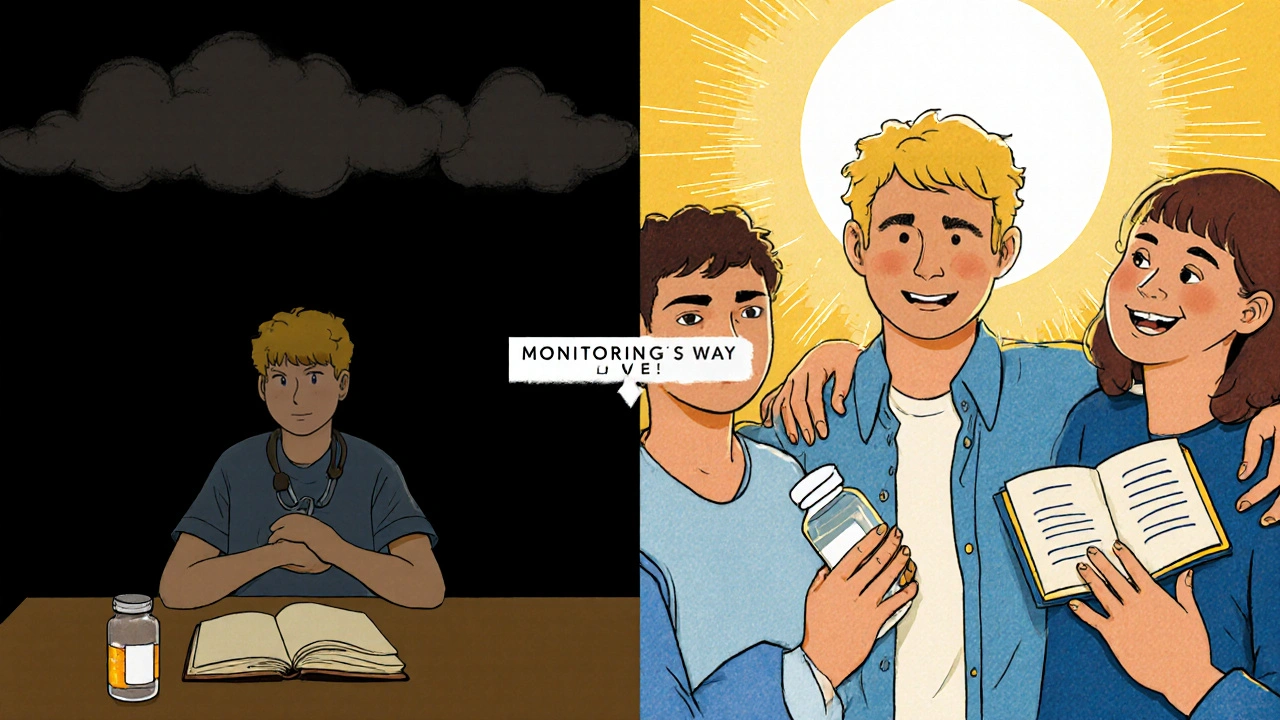 Split scene: depressed teen alone vs. same teen supported by family and doctor.