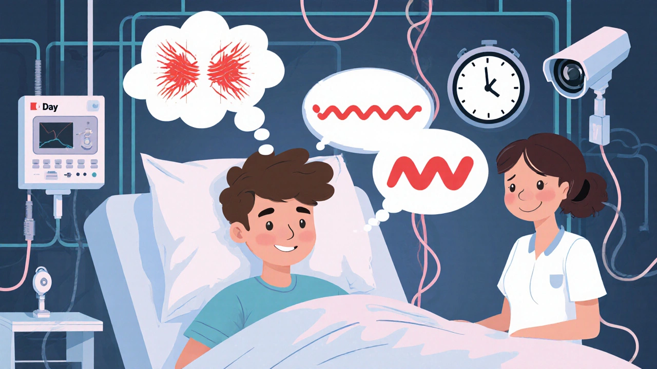 Teenager in hospital with EEG wires and fading seizure symbols during monitoring.