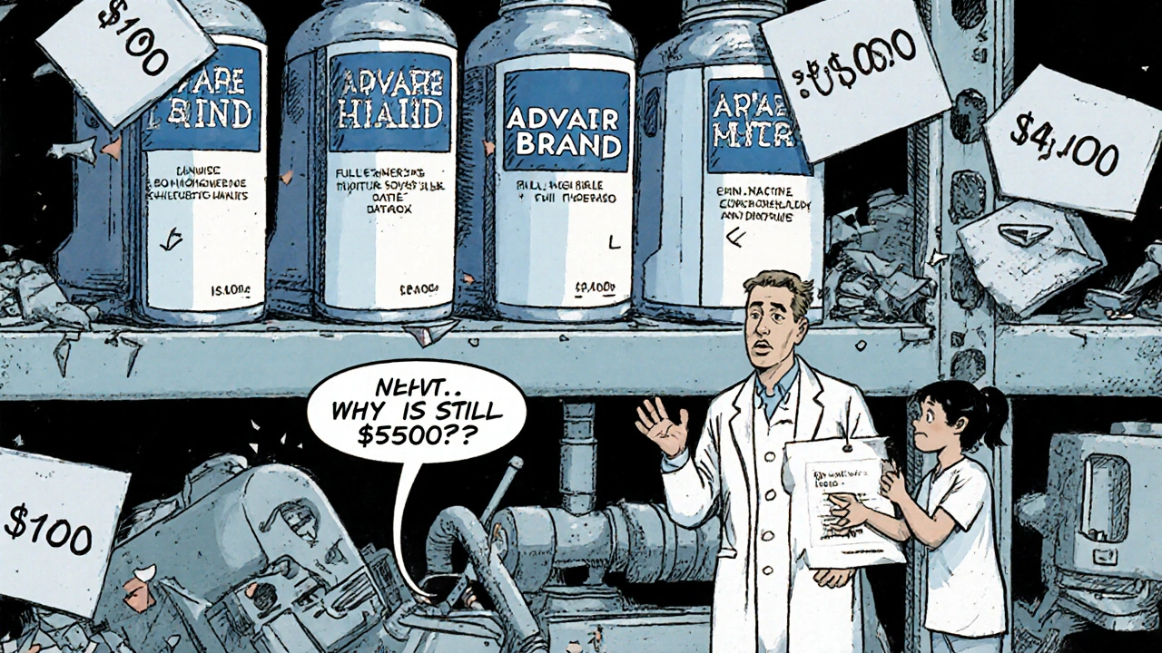 Three inhalers on a shelf with  million price tags, a pharmacist shrugging as a patient asks why it&#039;s still expensive.