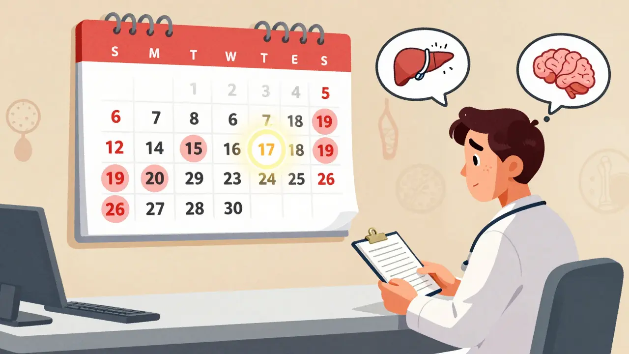 A doctor and patient reviewing a calendar with highlighted days for medication side effects in clinic setting.