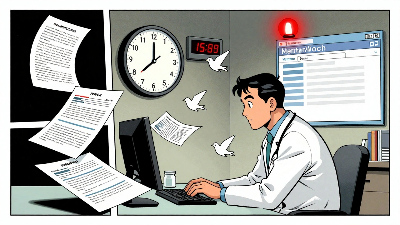 A doctor urgently filing a report before a 15-day deadline, surrounded by medical records and a glowing warning icon.