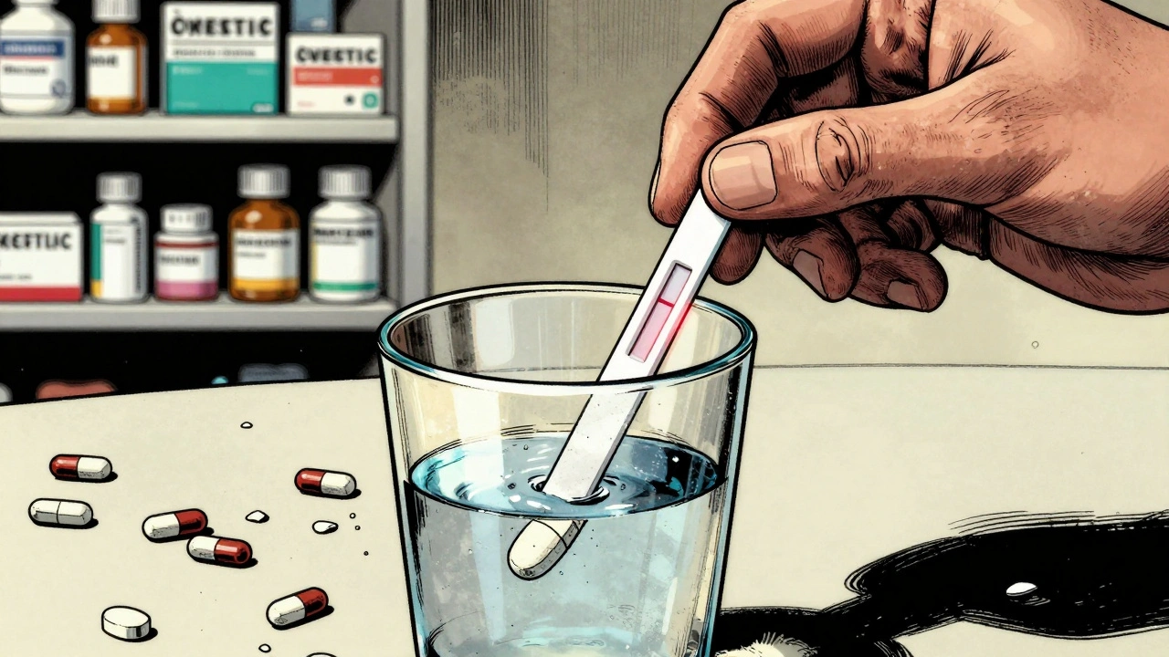 A fentanyl test strip shows one red line after being dipped in water with a crushed pill, surrounded by fake pills.