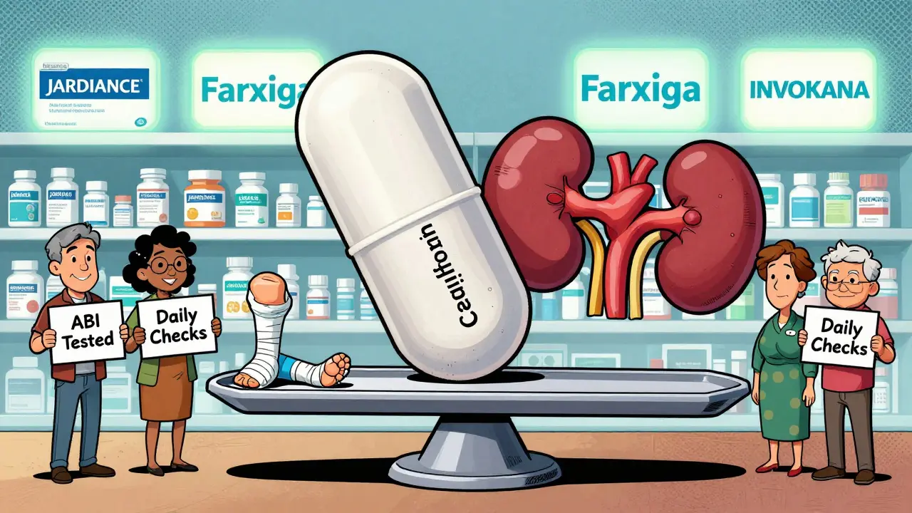A giant pill on a scale balances foot amputations against heart and kidney benefits, with patients holding safety signs.