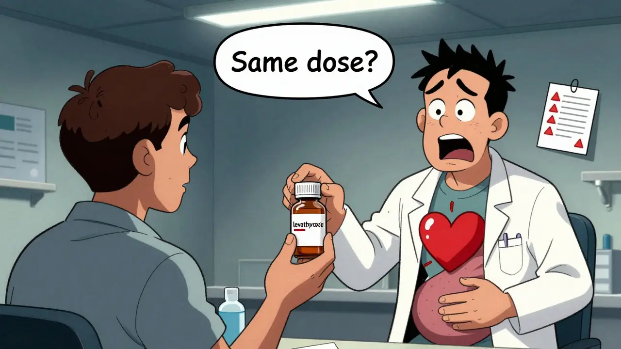 A patient reacting to a brand switch of thyroid medication, with exaggerated physical symptoms and a warning lab report.