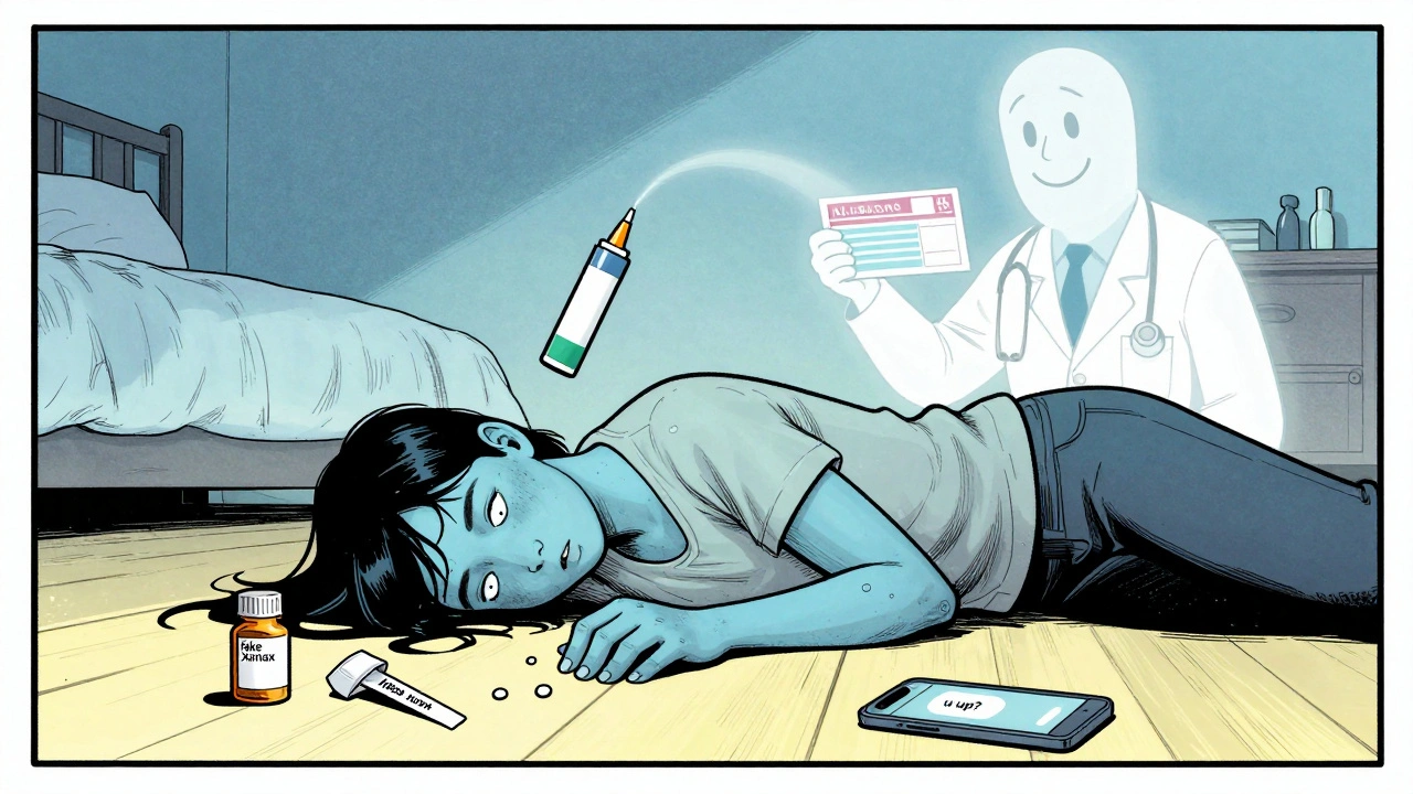 A person collapses on the floor as naloxone hovers above, next to fake pills and a social media message on a phone.