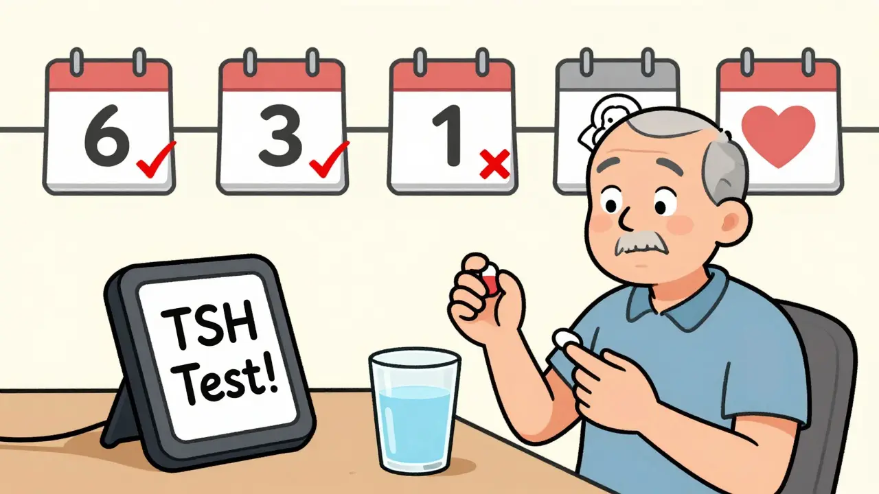 A person setting a reminder for thyroid blood tests, with a visual timeline of key monitoring milestones.