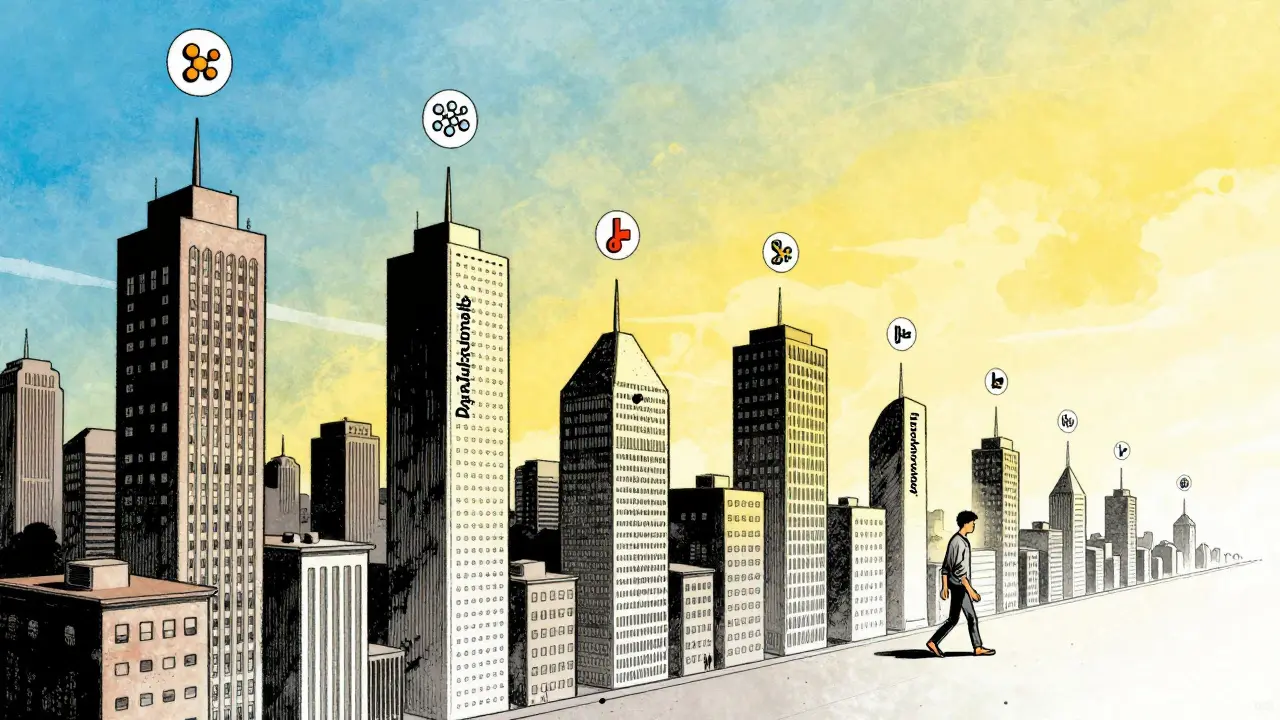 A person walking under towering buildings representing drugs, noticing delayed symptoms after many months.