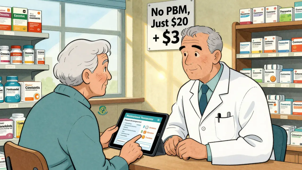 A pharmacist advises a patient on medications in a bright, PBM-free pharmacy with transparent pricing and affordable generics on display.