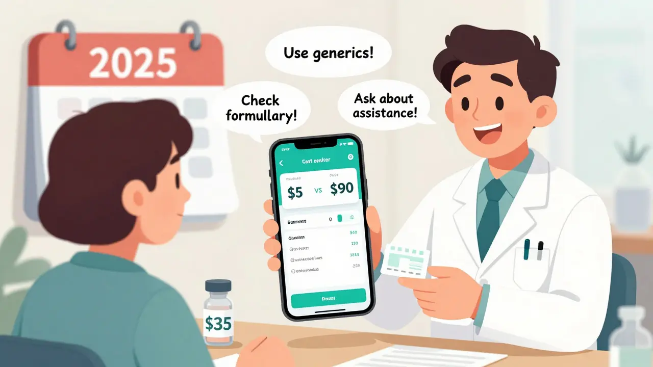 A pharmacist handing a prescription while floating tips and a cost comparison screen appear in comic style.