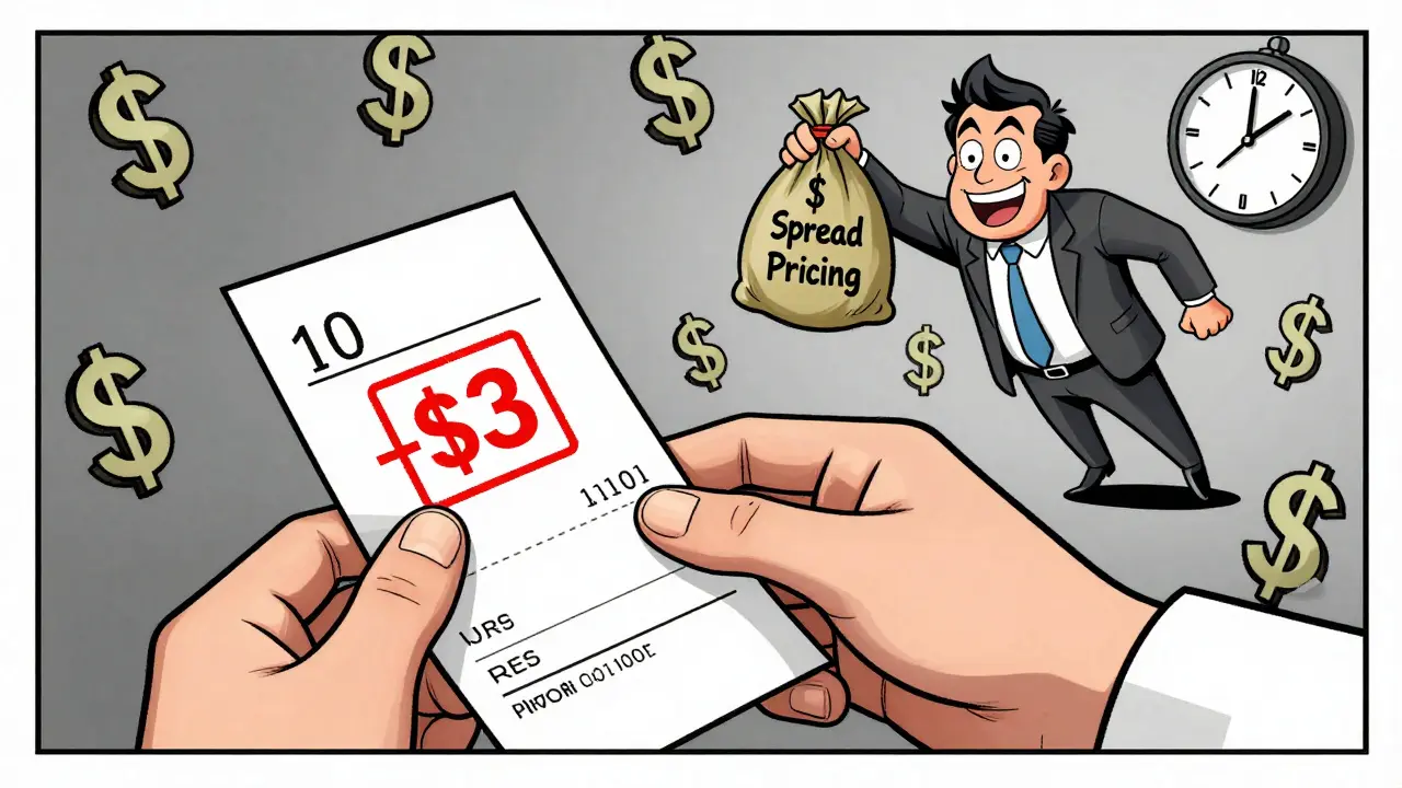 A pharmacist receives a clawback notice while a PBM executive profits above, with dollar signs and a ticking clock in the background.