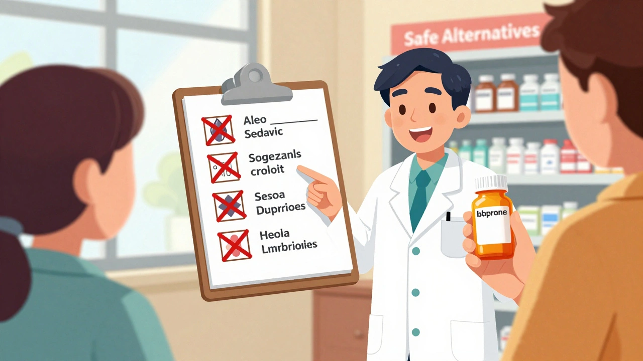 A pharmacist showing safe and unsafe medications with cinnarizine in a comic panel