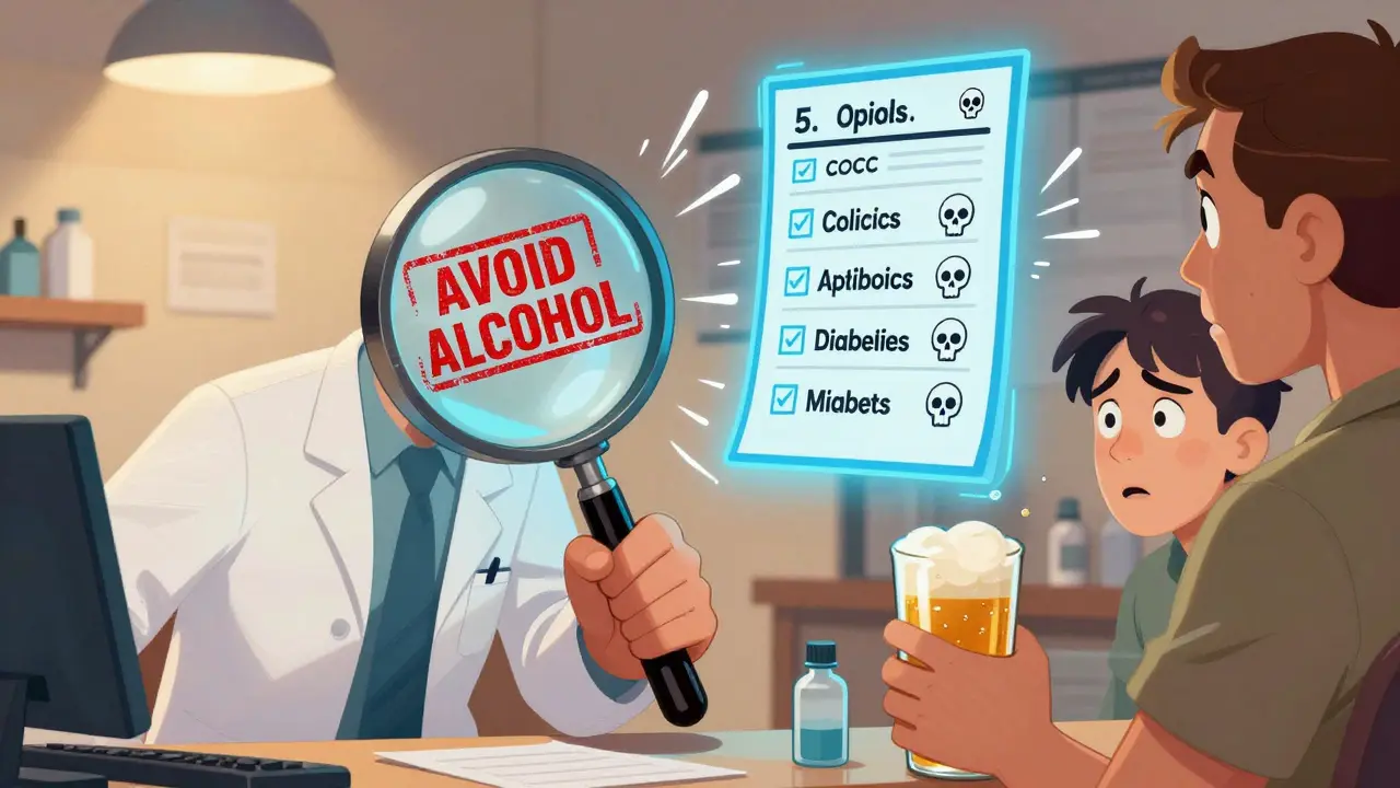 A pharmacist using a magnifying glass to reveal a warning on a prescription label while a patient holds beer.