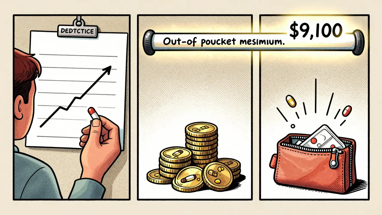 A visual timeline showing how deductible, copays, and coinsurance add up to an out-of-pocket maximum over a year.