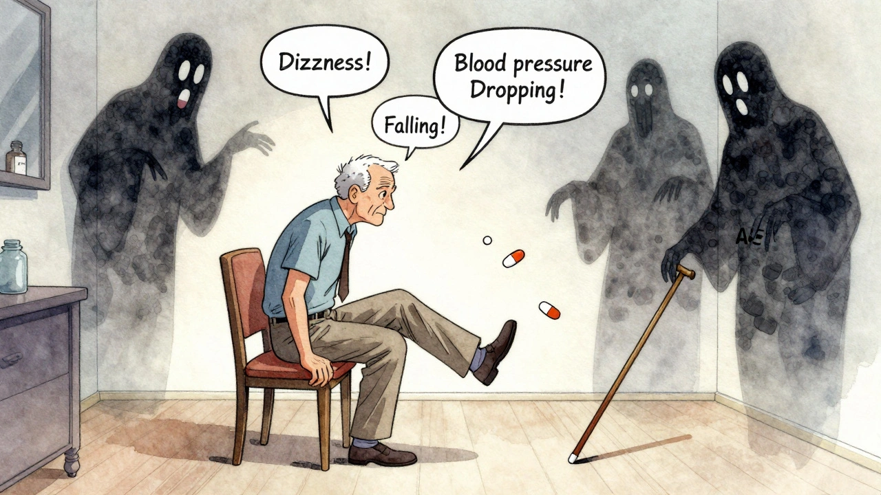 An elderly man feeling dizzy as blood pressure medications loom behind him