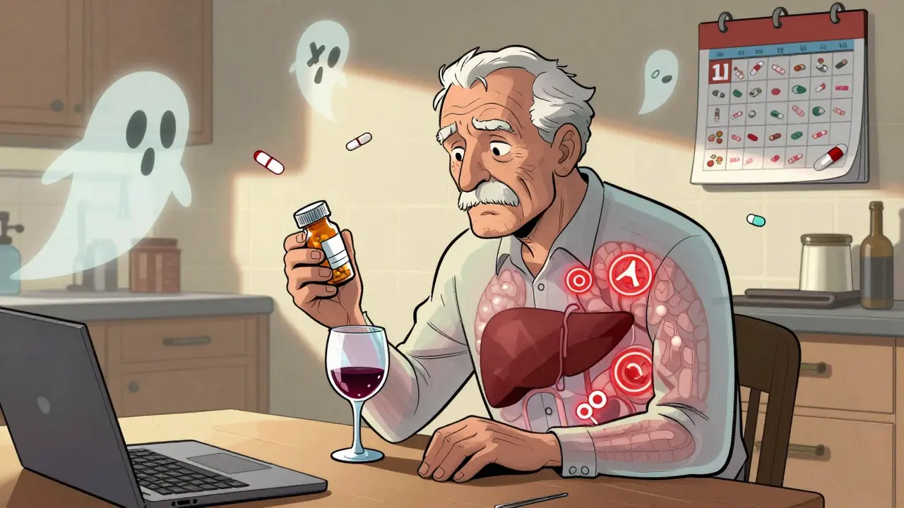 An elderly man with translucent body showing toxic symbols from alcohol and pills in his liver and brain.