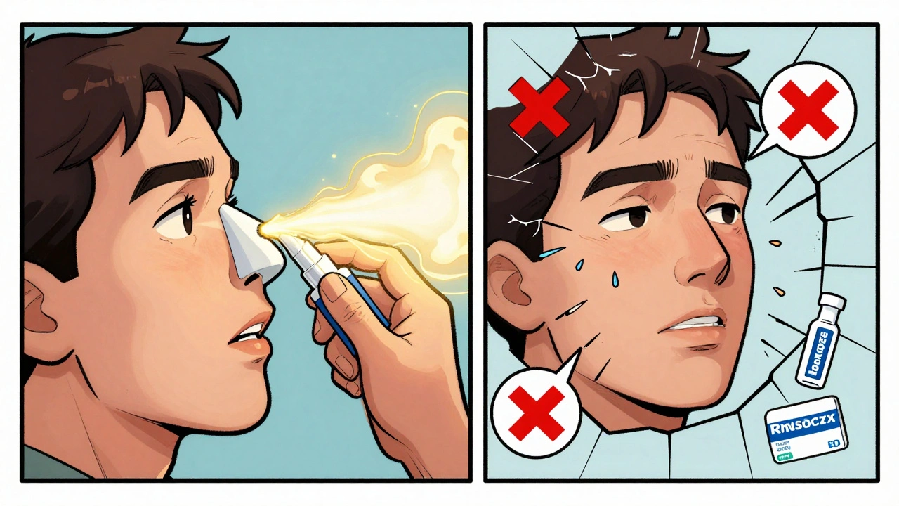 Correct nasal spray technique shown with golden mist calming inflamed nose, incorrect use marked with X.