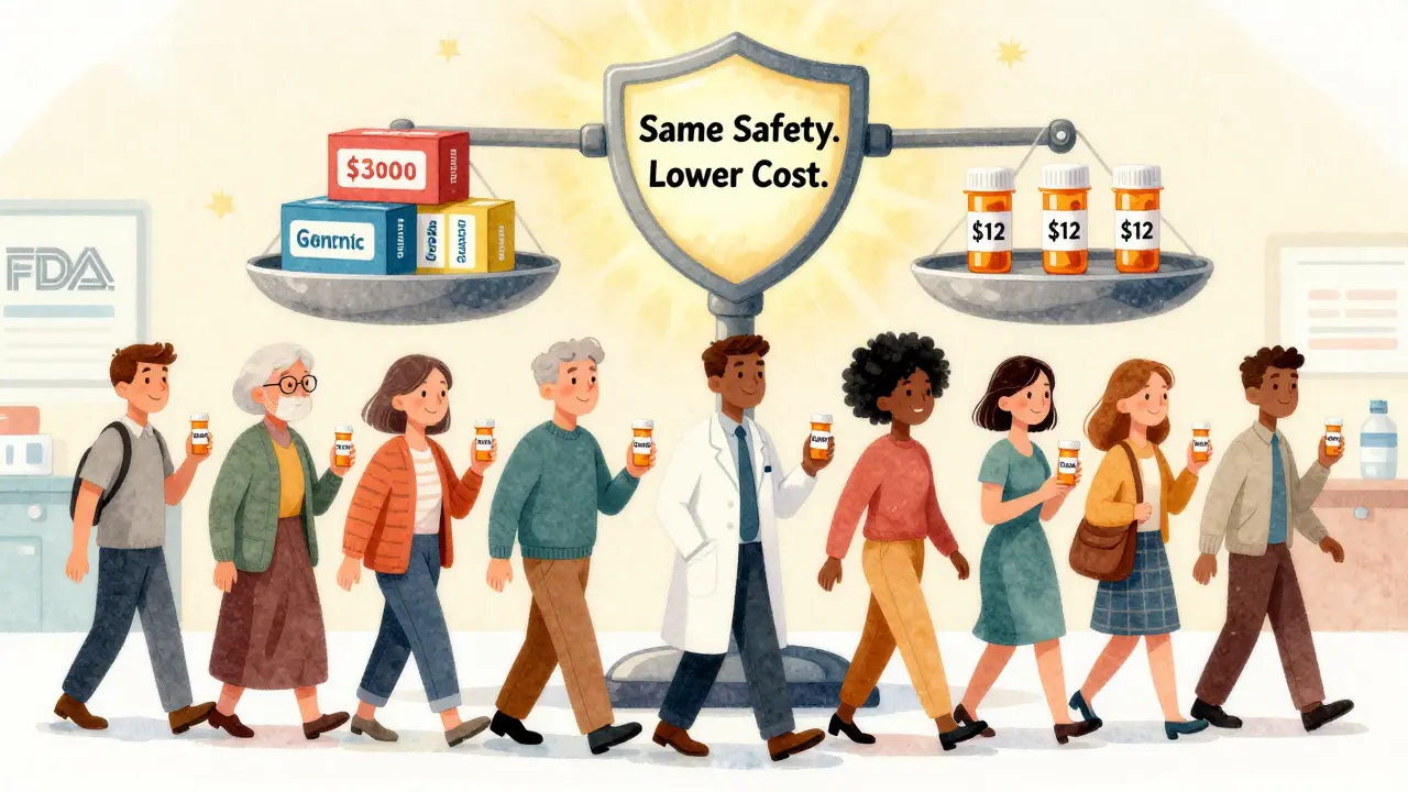 Diverse patients holding affordable generic medications beside a price scale showing massive cost difference, FDA shield glowing above.