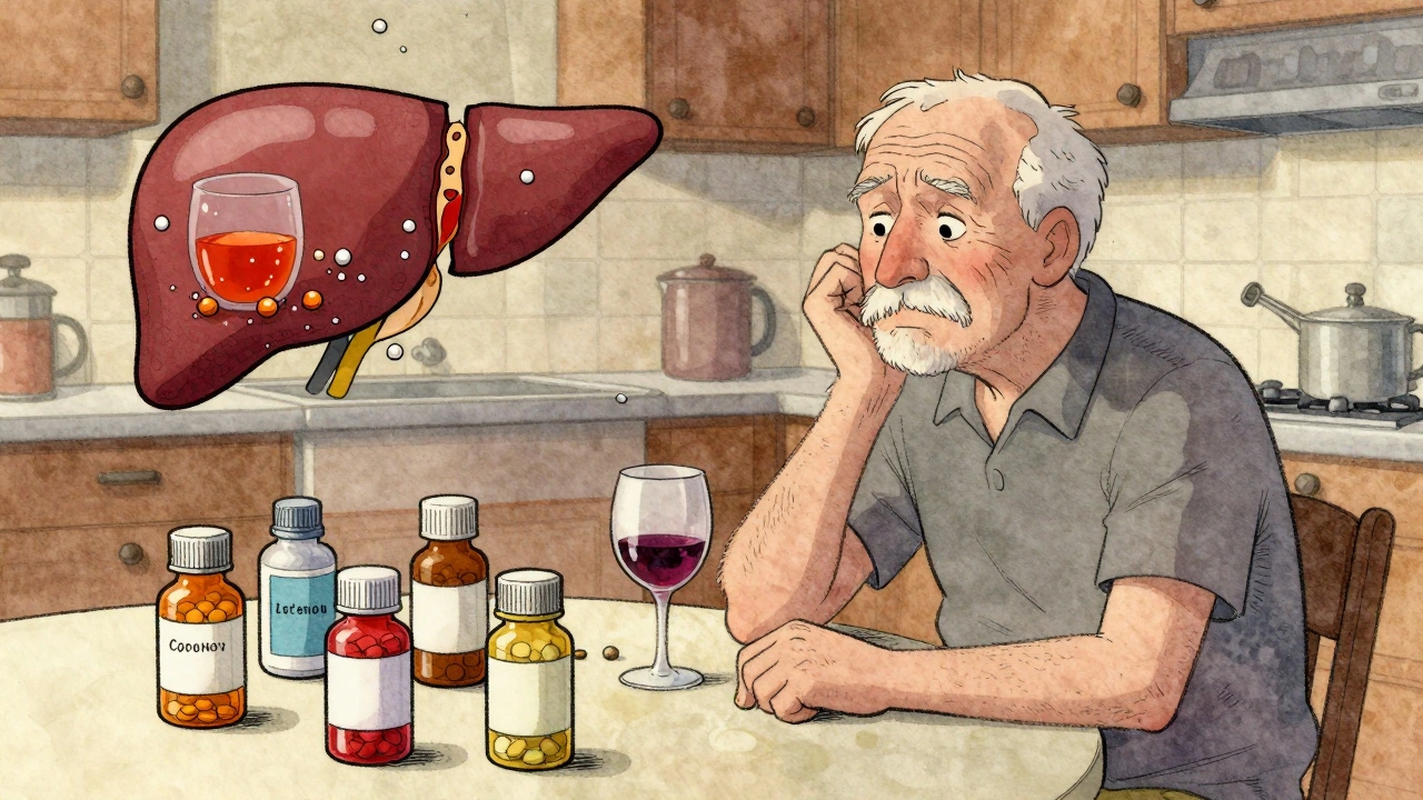 Elderly man surrounded by pill bottles and a glass of wine, with a split liver illustrating drug-alcohol conflict.