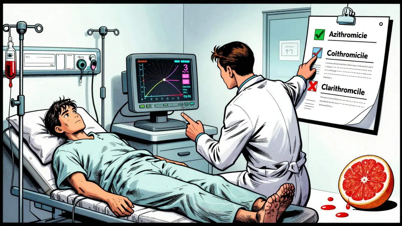 ER doctor and pharmacist reviewing colchicine toxicity levels, with azithromycin marked safe and grapefruit juice causing danger.