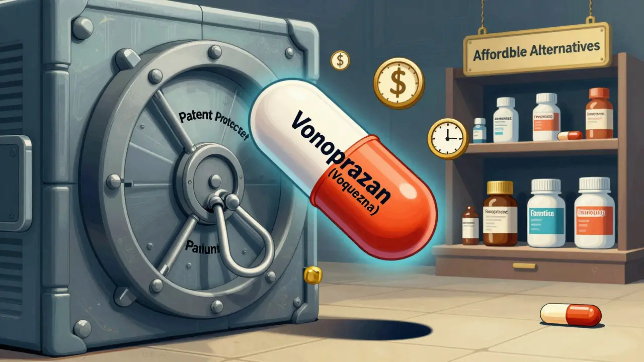 Expensive branded vonoprazan pill locked away while cheaper generics sit openly on a shelf.