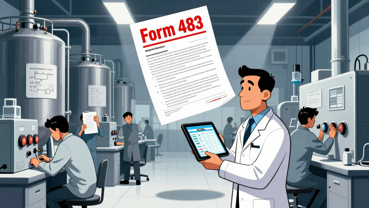FDA inspector surprises lab workers in a global facility, with floating Form 483 warning document.