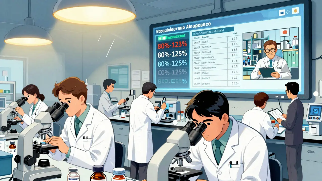 FDA scientists in a lab analyzing drug samples with digital bioequivalence data and international factory inspection on screen.