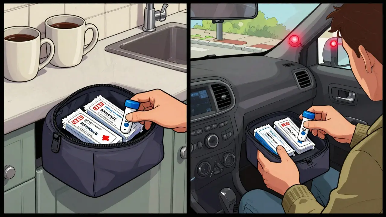 Naloxone kits stored visibly at home and carried in a purse and car, ready for emergency use in public or private spaces.